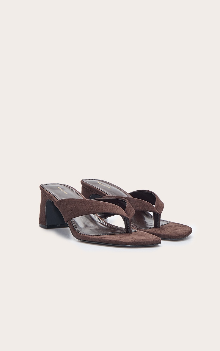 Chocolate Faux Suede Low Block Heel Toe Thong Mules image 3