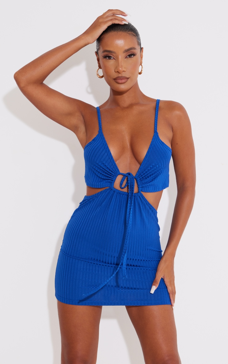 Blue Ribbed Cut Out Tie Detail Strappy Bodycon Dress