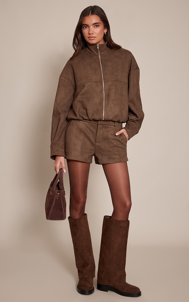 Chocolate Faux Suede Funnel Neck Zip Up Jacket image 3