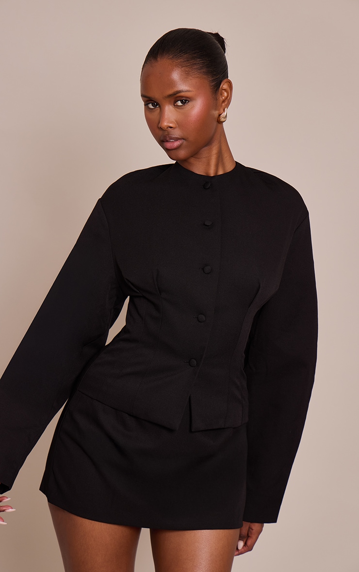 Black Woven Balloon Sleeve Skort Romper image 4