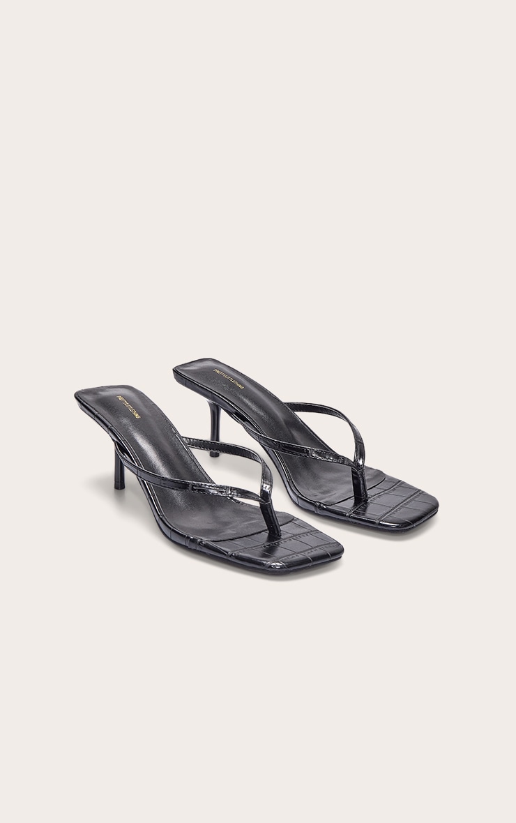 Black Pu Square Toe Thong Mid Stiletto Heeled Mules image 2