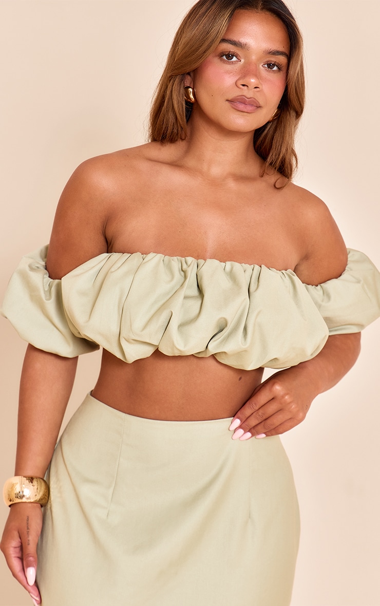 Shape Pale Lime Woven Puffball Bardot Top image 4