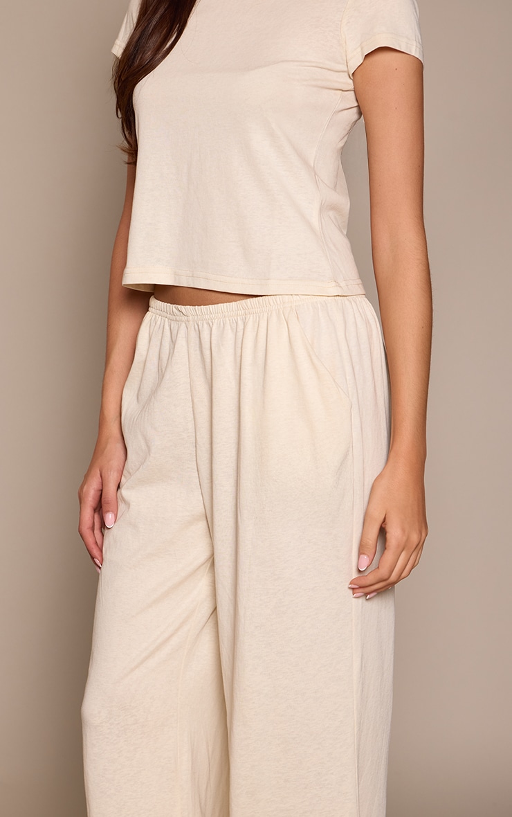 Cream Soft Textured Relaxed Wide Leg Pants image 4