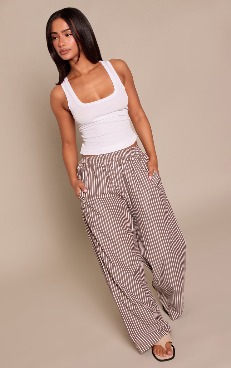 Petite Stripe Chocolate Linen Look Elasticated Waist Trousers