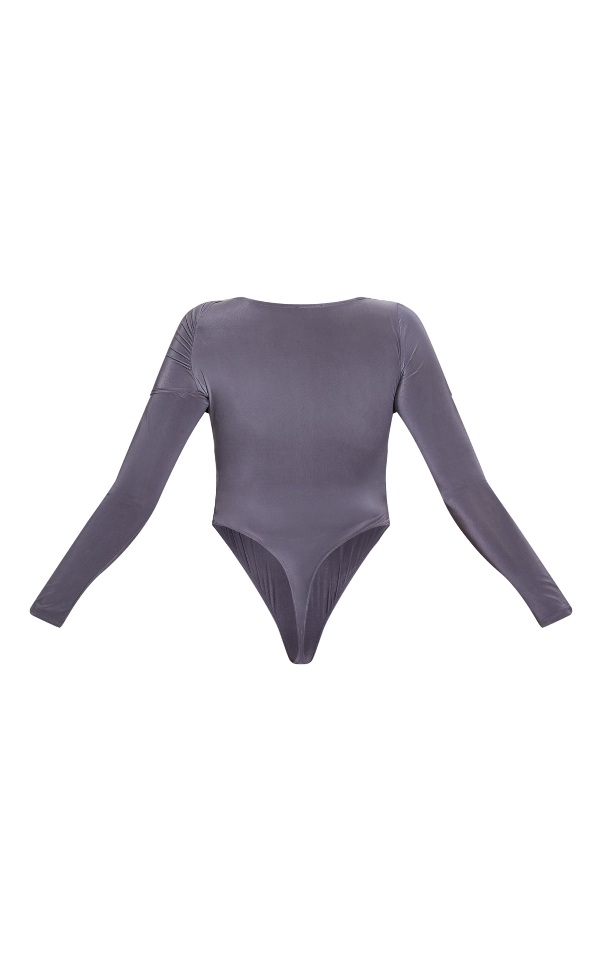 Charcoal Slinky Drape Front Detail Long Sleeve Bodysuit image 6