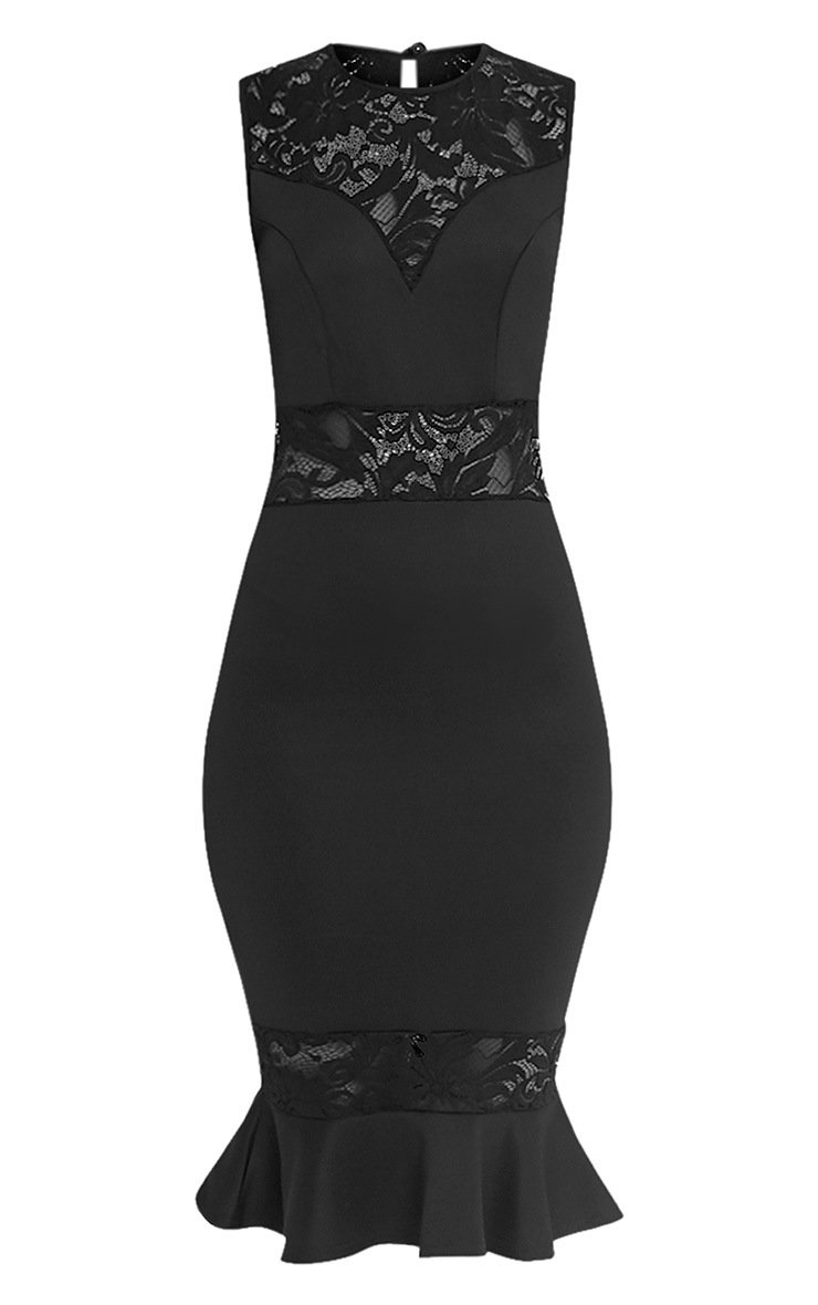 Cassie Black Lace Panel Fishtail Midi Dress PrettyLittleThing