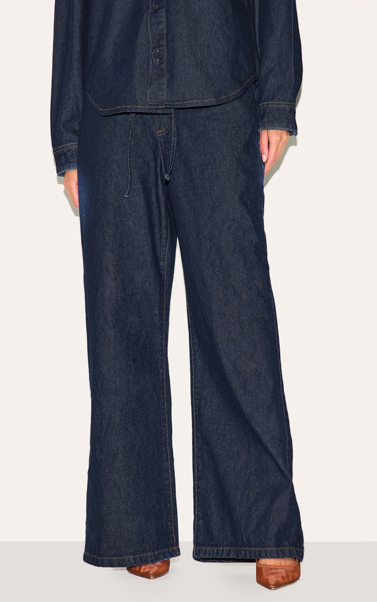Dark Indigo Low Rise Tie Waistband Wide Leg Jeans image 3