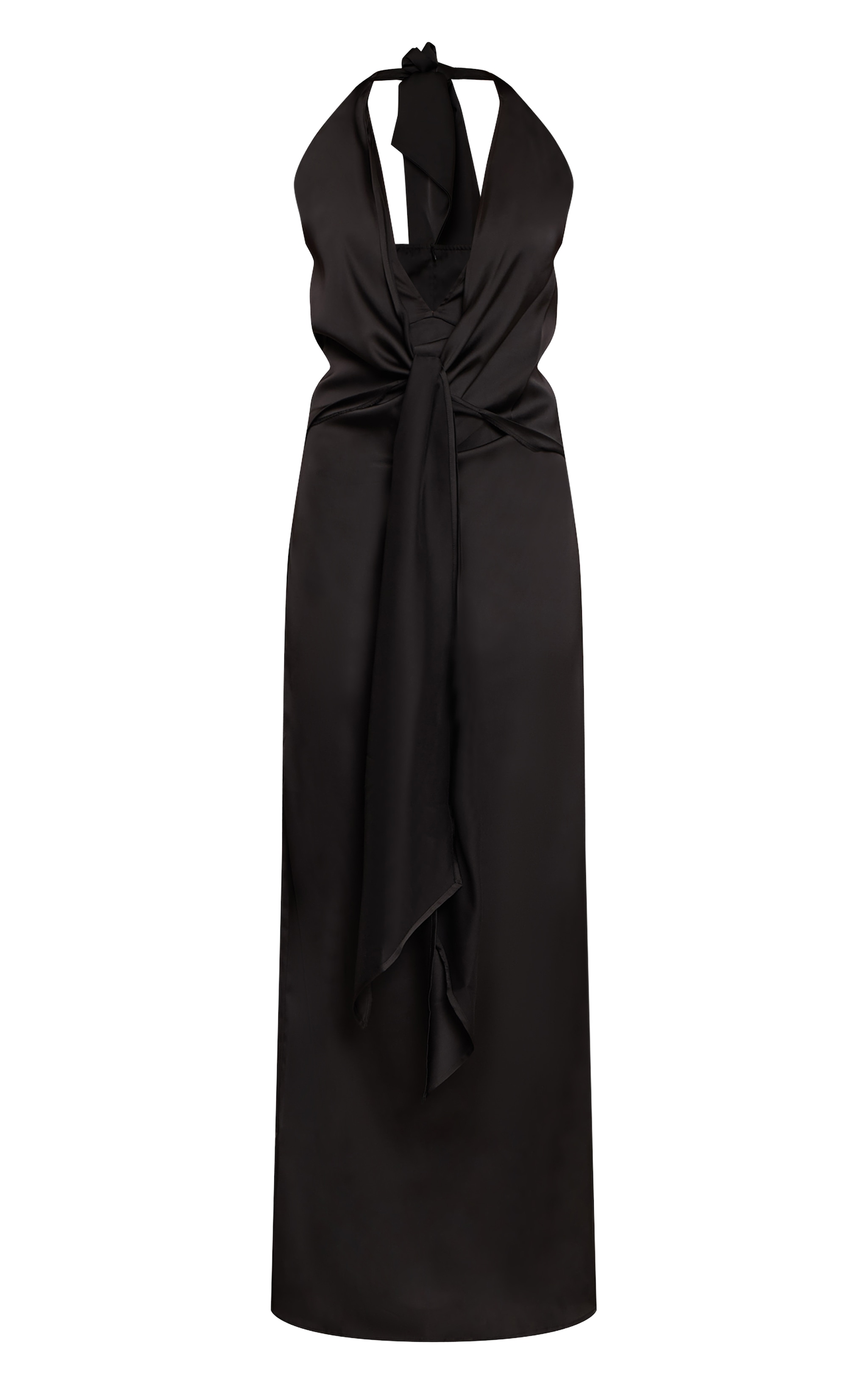 Robe longue satinée noire à col en V et détail noué image 5