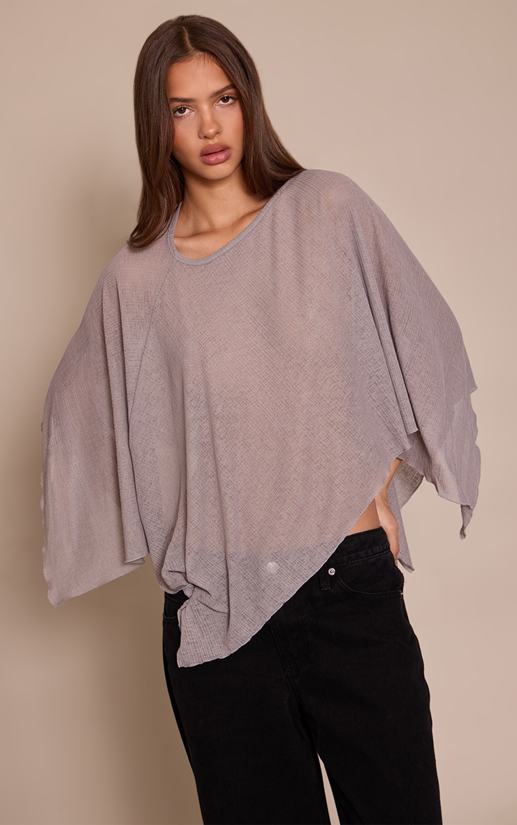 Mushroom Ribbed Burnout Mesh Cape Detail Long Top image 1