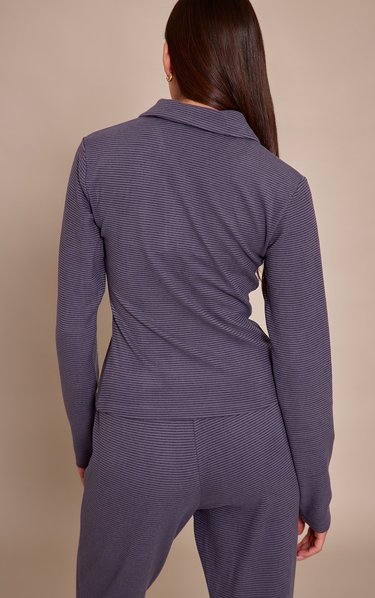 Grey Soft Fleece Pinstripe Collar Detail Long Sleeve Top image 2