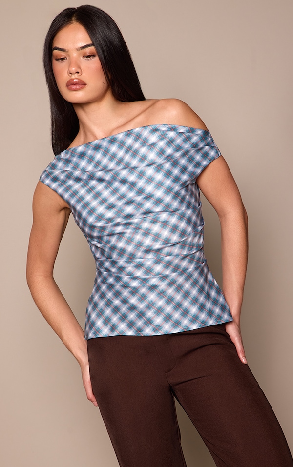 Blue Check Asymmetric Neck Drape Top 