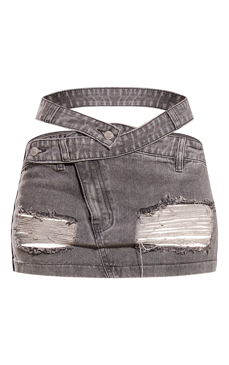 Washed Grey Distressed Cut Out Waistband Denim Mini Skirt image 6