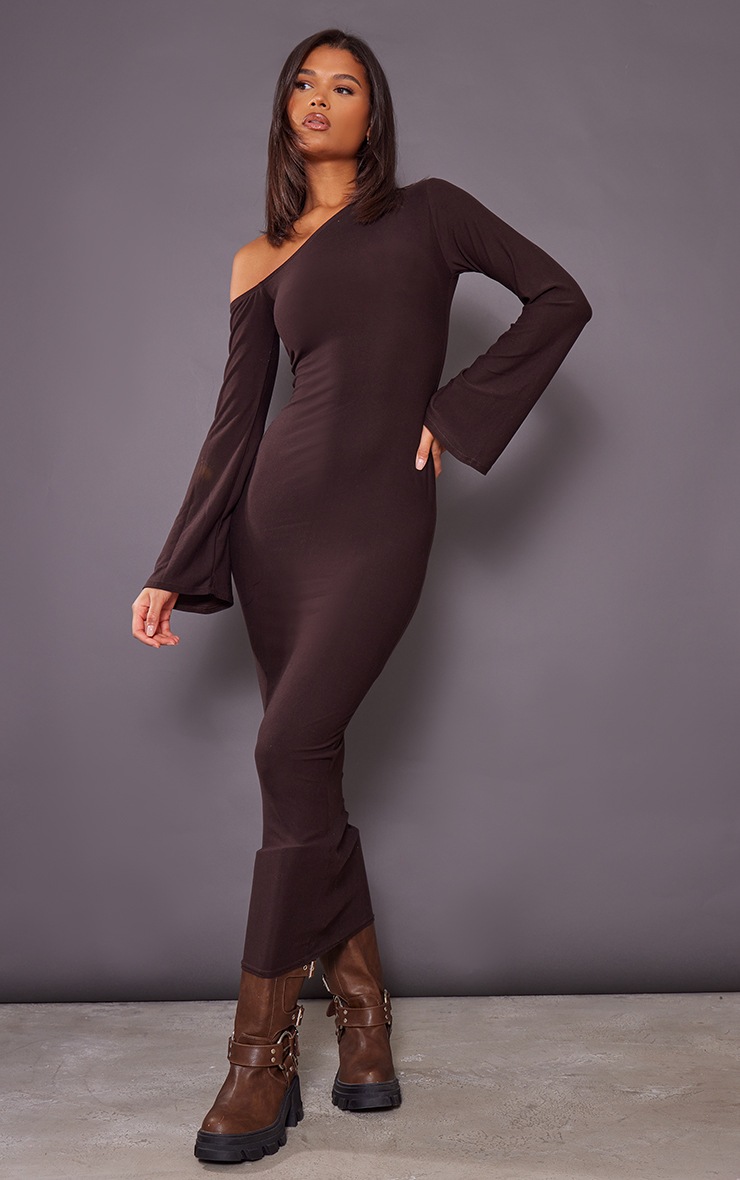 Chocolate Soft Touch Asymmetric Flare Sleeve Midaxi Dress image 3