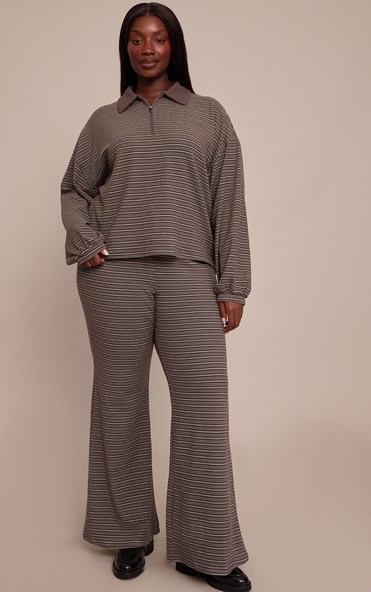 Plus Dark Green Striped Soft Fleece Polo Quarter Zip Sweatshirt image 3