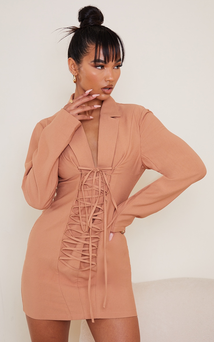 Camel Plunge Lace Up Front Blazer Style Bodycon Dress