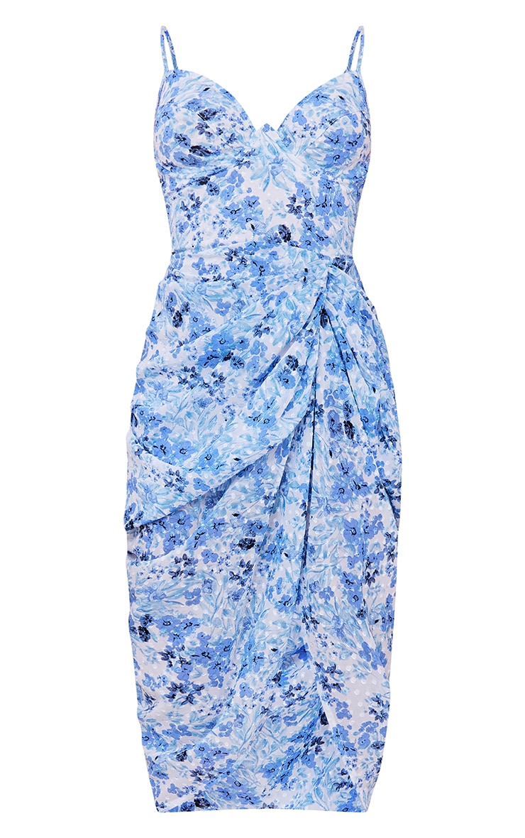 Blue Floral Print Underbust Gathered Skirt Midi Dress image 5