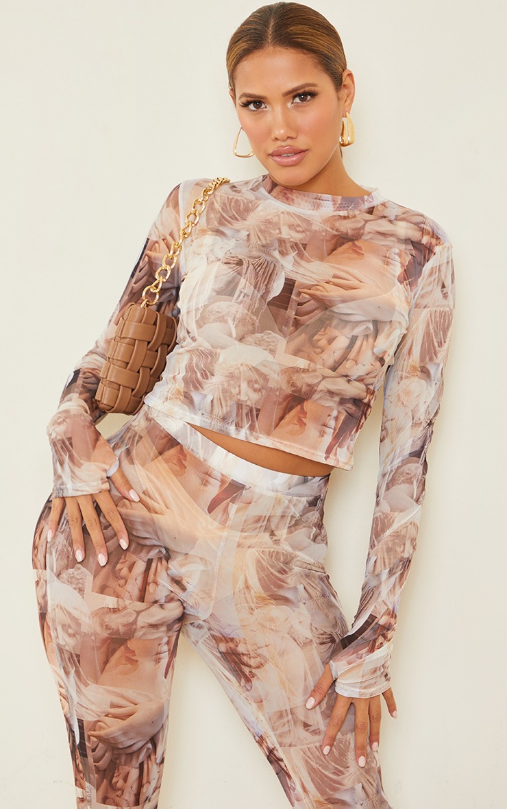 Shape Nude Renaissance Print Sheer Mesh Thumb Hole High Neck Top