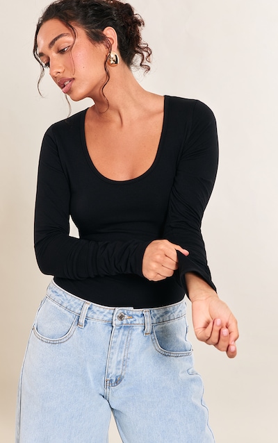 Black Cotton Scoop Neck Long Sleeve Bodysuit