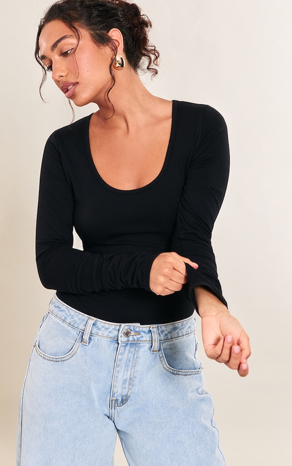 Black Cotton Scoop Neck Long Sleeve Bodysuit