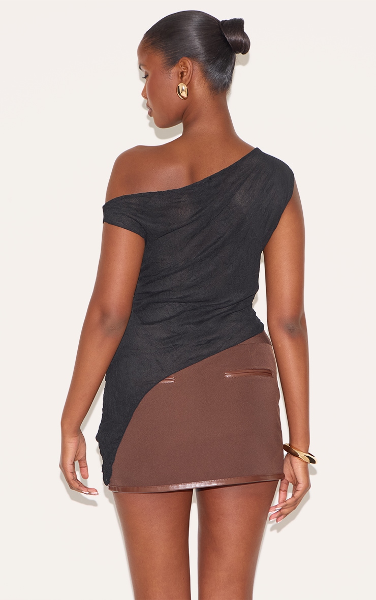 Black Crinkle Mesh Asymmetric Neck Top image 2