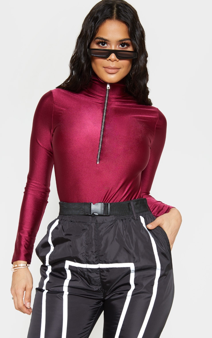Wine Disco Zip Up Long Sleeve Top Tops PrettyLittleThing IE
