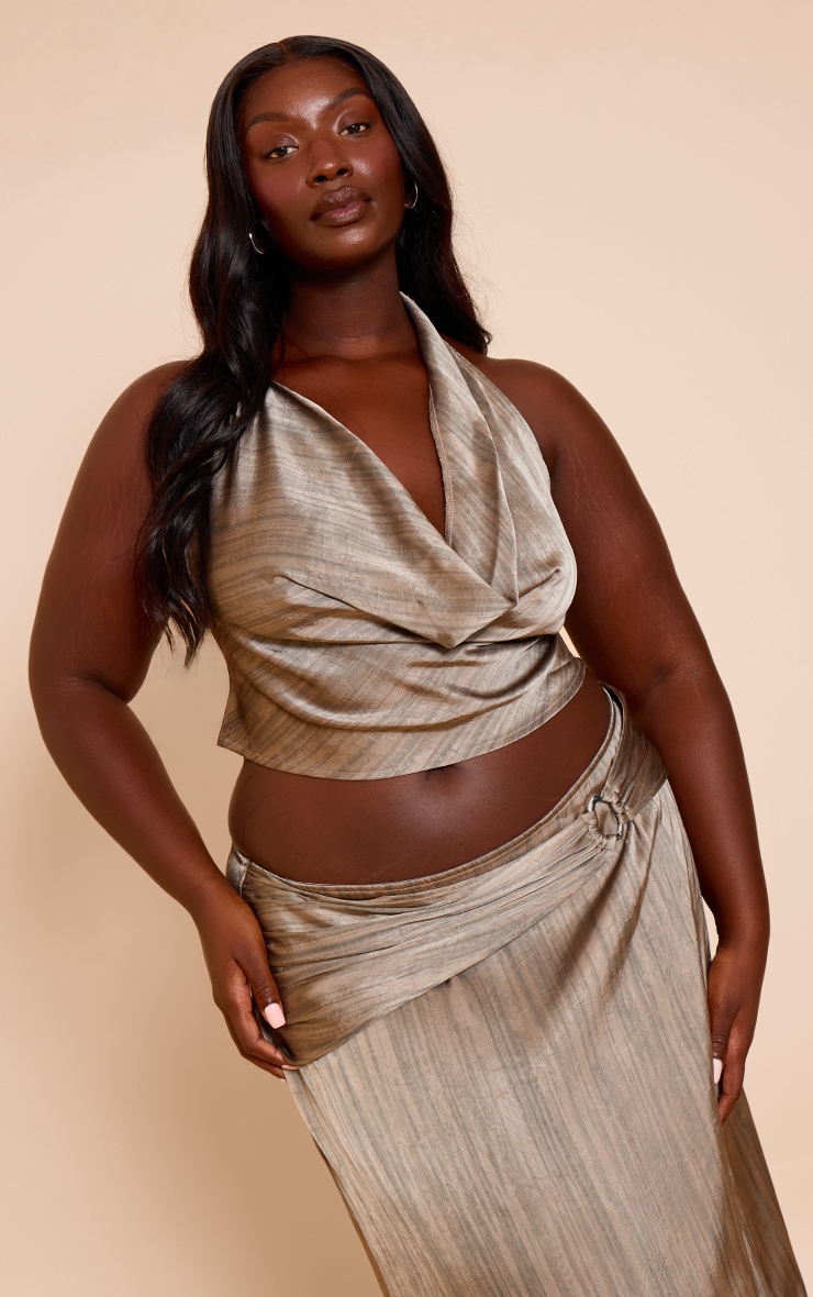 Plus Grey Textured Printed Satin Metal Halter Top image 1