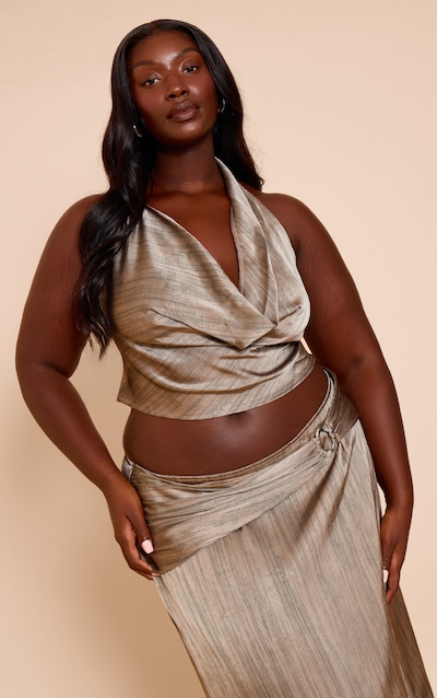 Plus Grey Textured Printed Satin Metal Halter Top