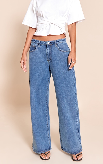 Jean boyfriend bleu moyen délavé à taille basse
