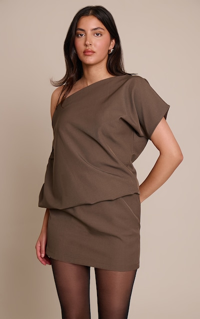 Chocolate Woven Off The Shoulder Fold Over Mini Dress