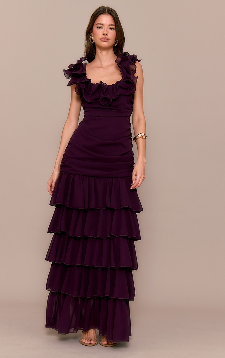 Wine Chiffon Ruched Ruffle Maxi Dress image 1