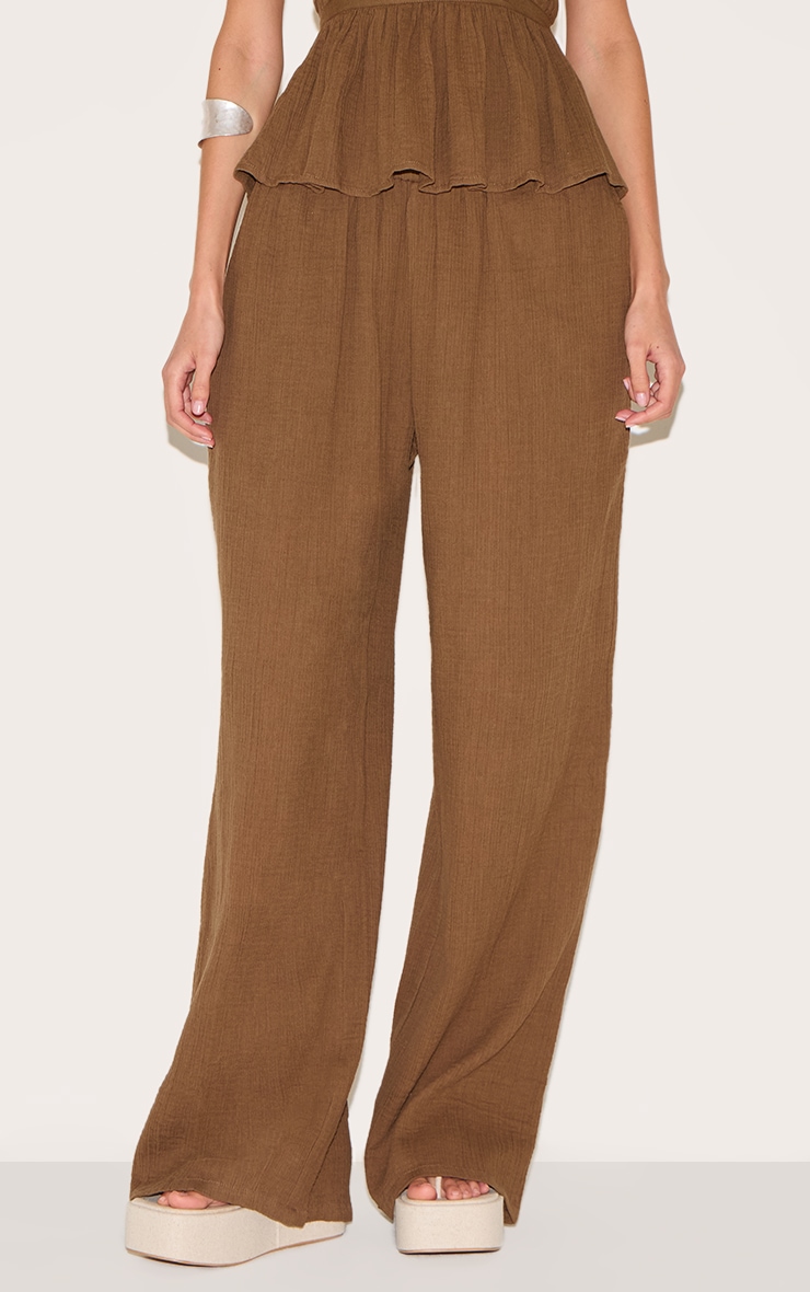 Pantalon Évasé Taille Basse en Étamine de Coton Couleur Champignon image 2
