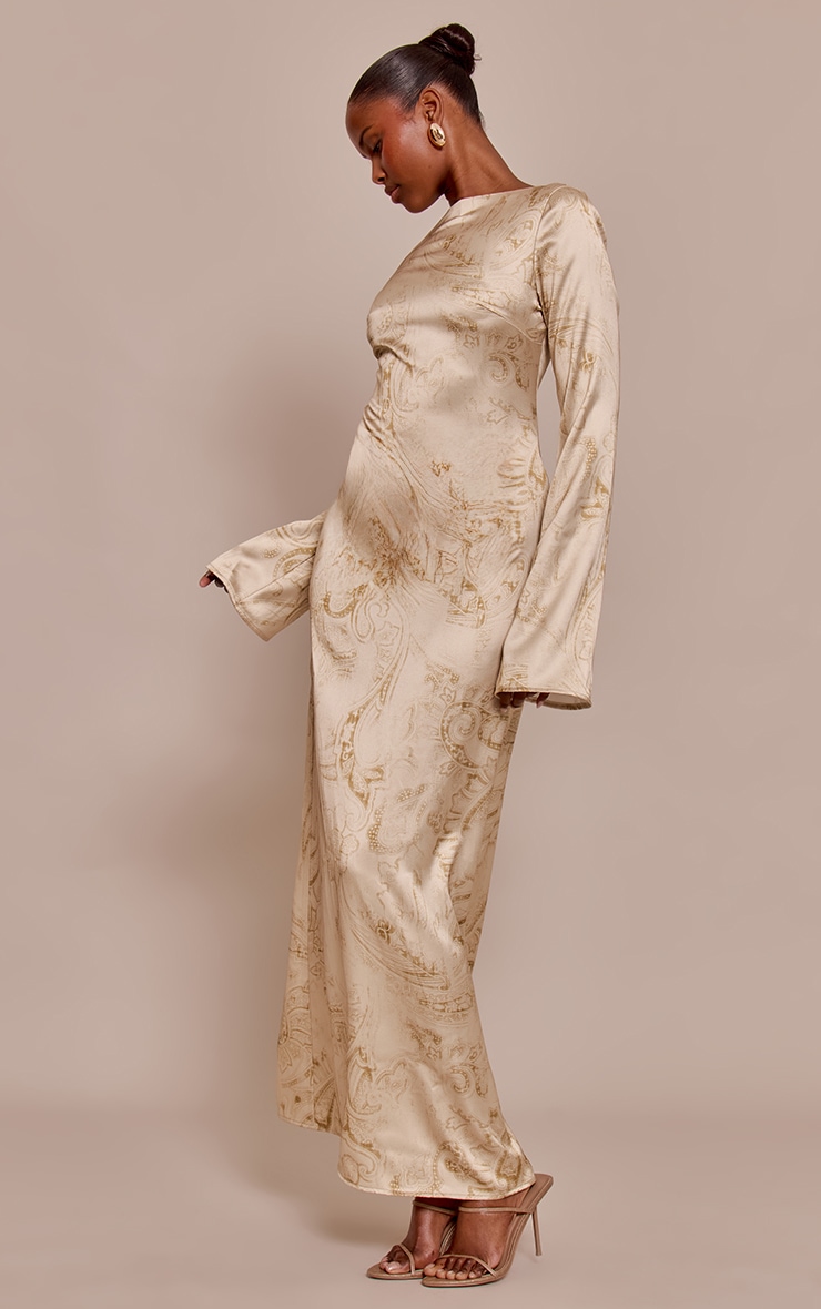 Pale Chartreuse Paisley Printed Satin Flute Sleeve Maxi Dress image 3