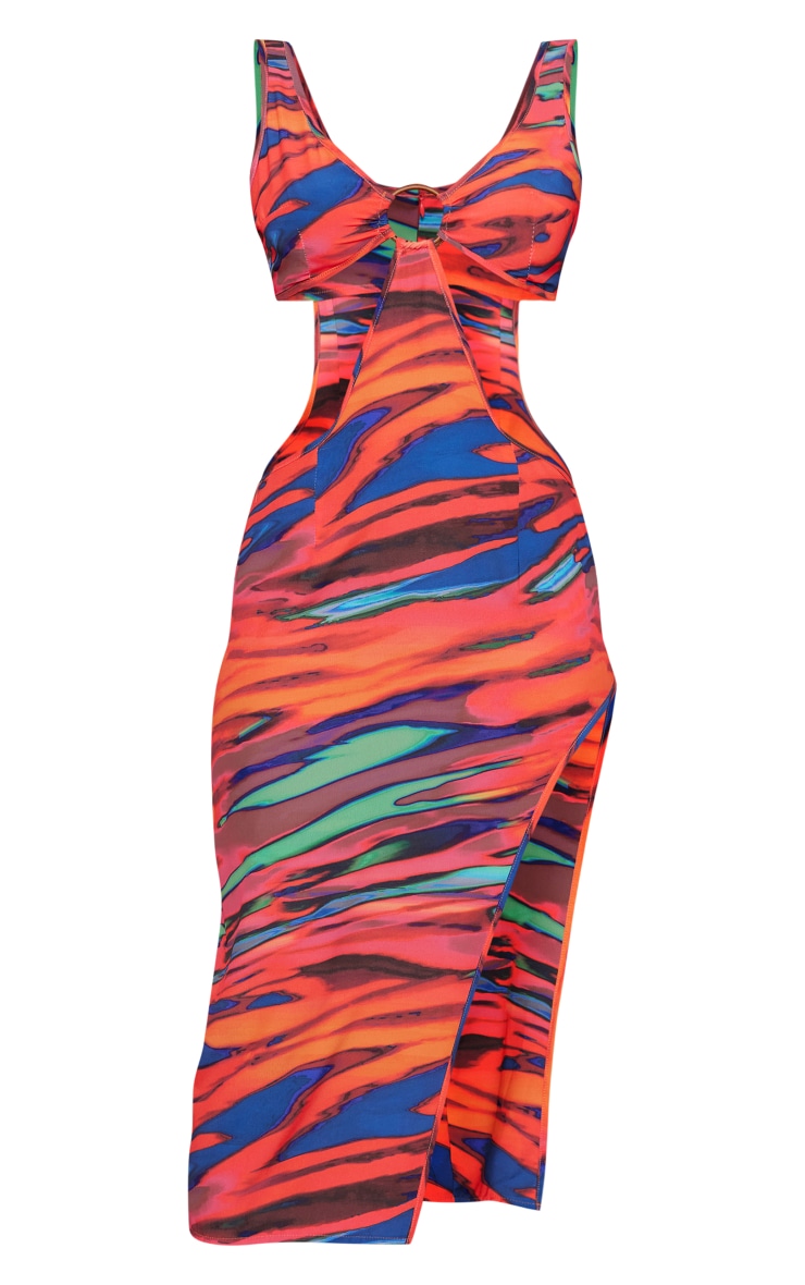 Multi Abstract Print Ring Detail Cut Out Midi Dress image 1