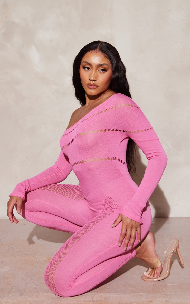 Shape Pink Bardot Knitted Hole Detailed Jumpsuit