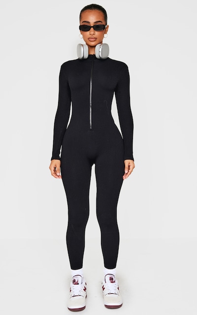 Petite Black Structured Ribbed Jumpsuit