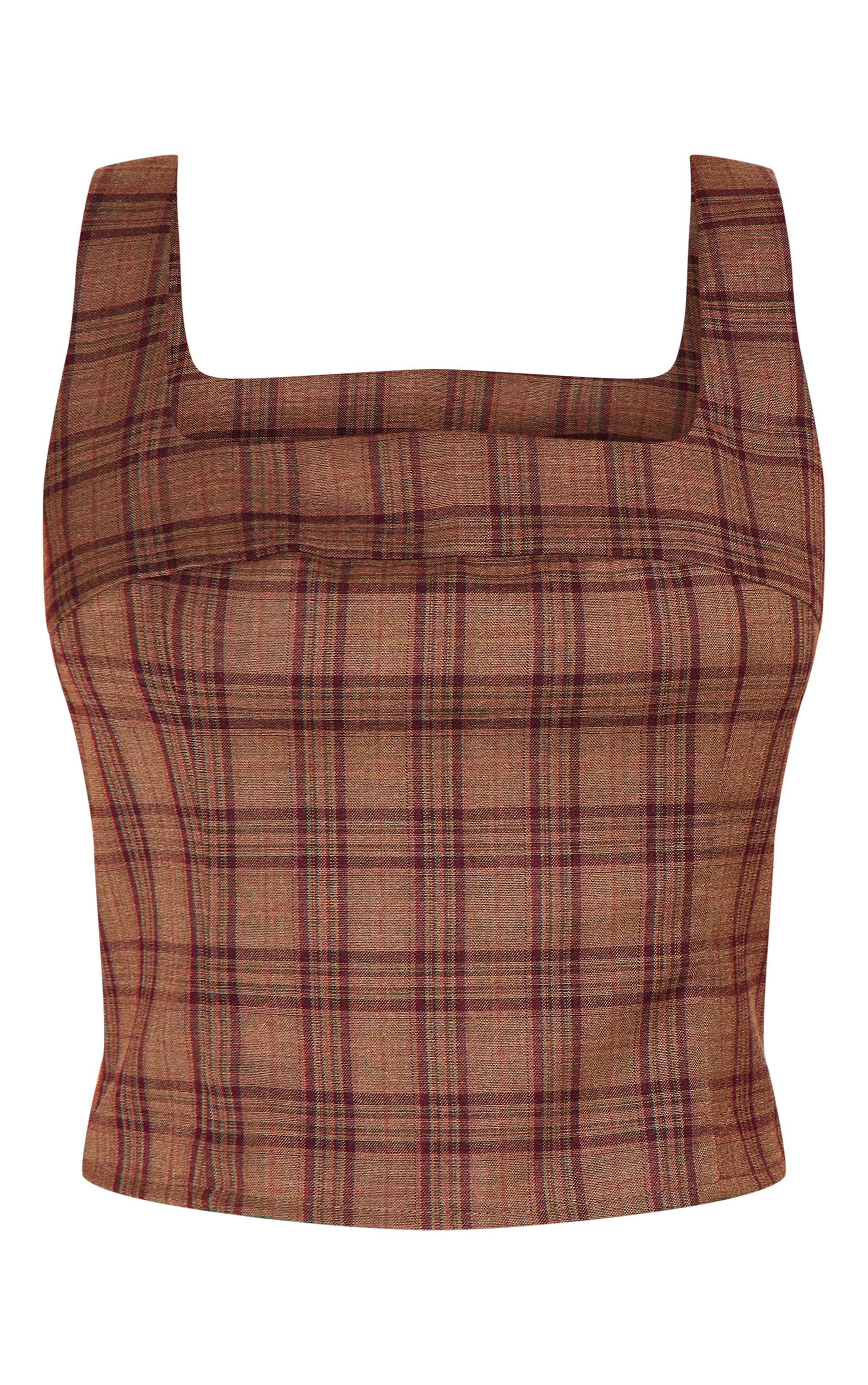 Brown Tailored Woven Check Square Neck Top image 5