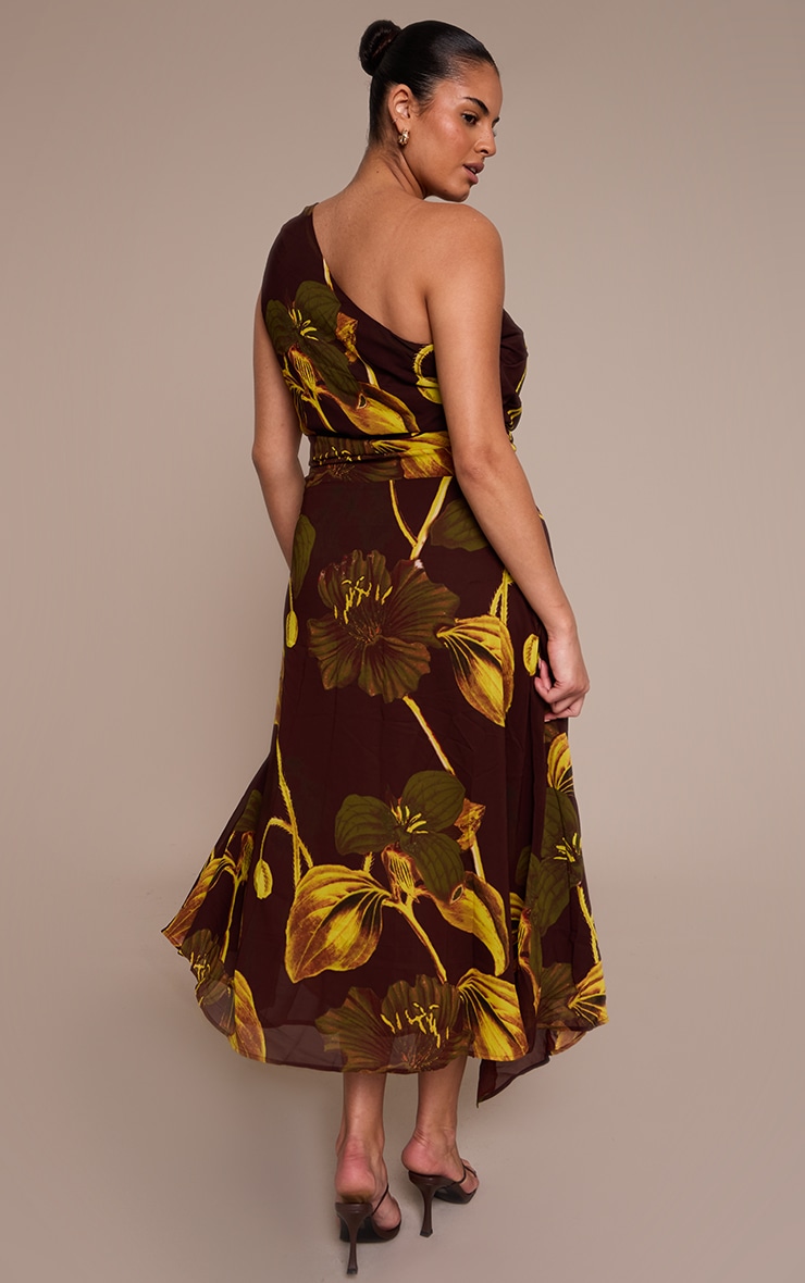 Plus Brown Floral Print Chiffon One Shoulder Maxi Dress image 2