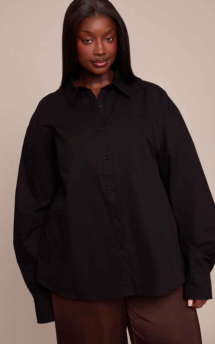 Plus Black Cotton Multi Button Cinched Shirt