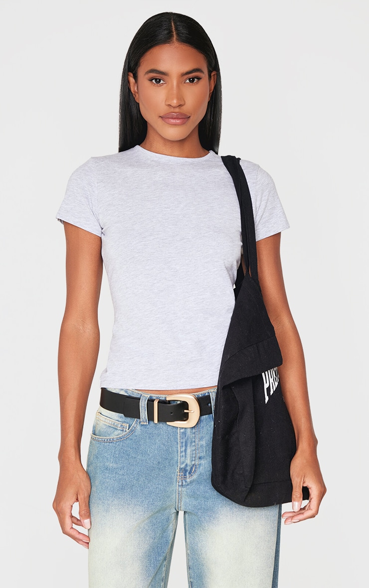 Basic Grey Marl Cotton Blend Fitted Crew Neck T Shirt image 1