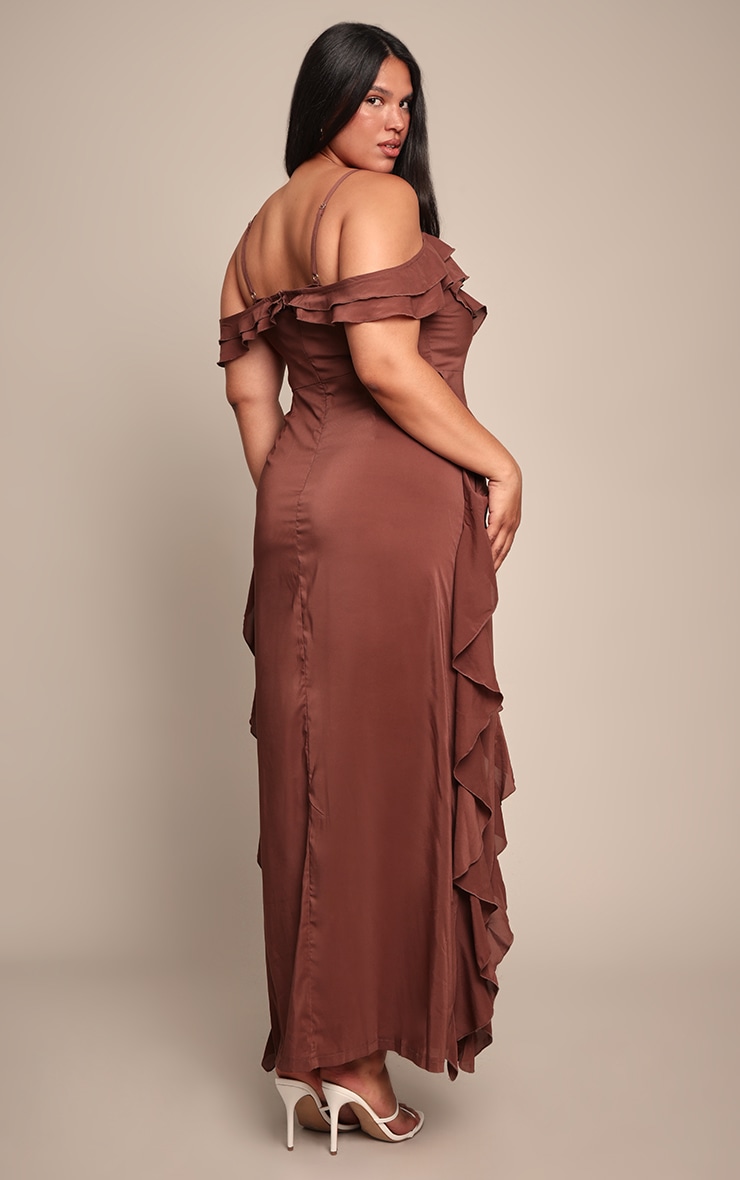 Plus Chocolate Cold Shoulder Ruffle Detail Strappy Maxi Dress image 2