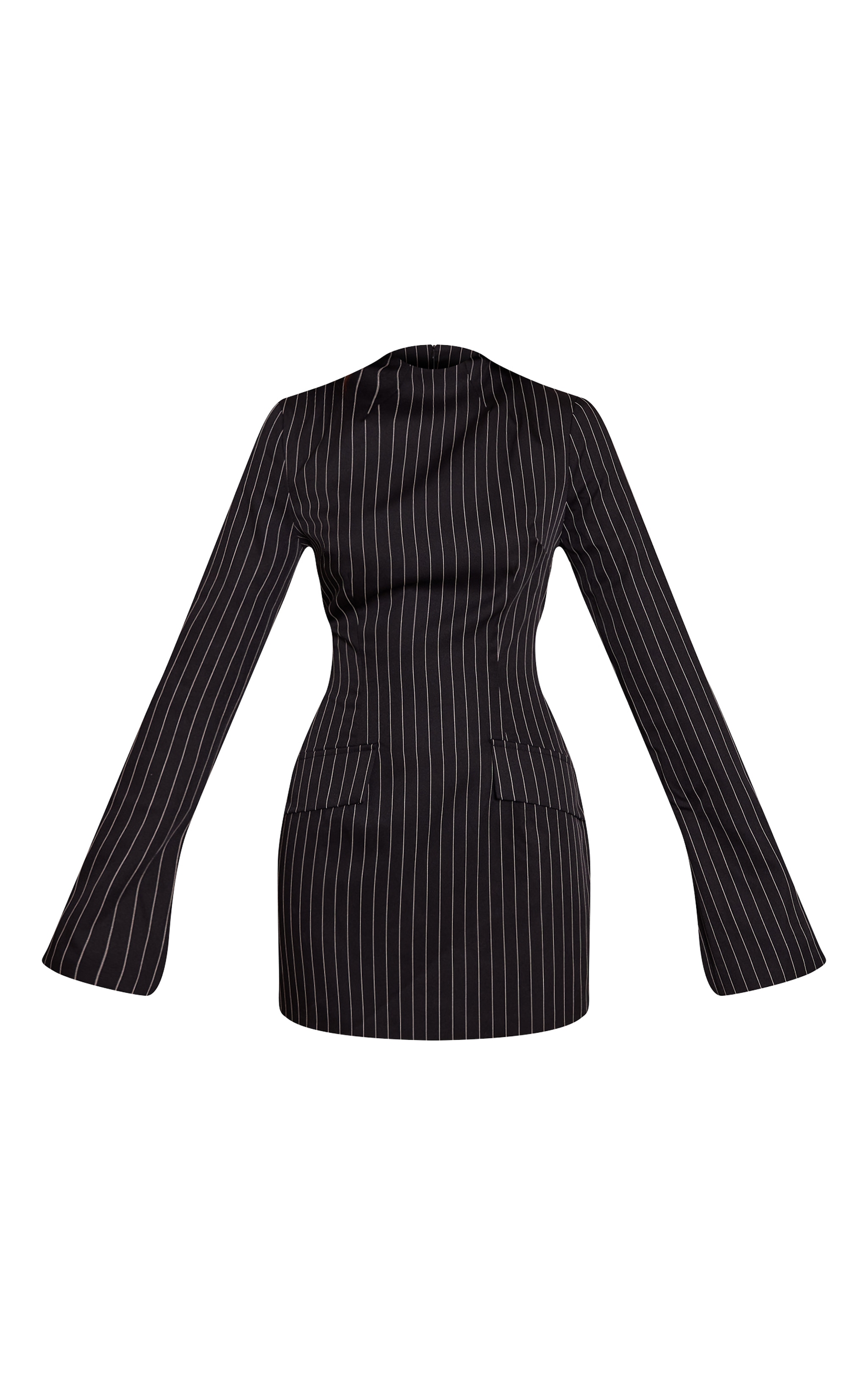 Black Pinstripe High Neck Flute Sleeve Bodycon Dress image 5