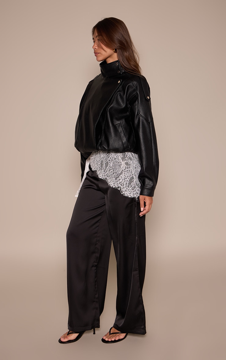 Black Lace Wrap Detail Satin Wide Leg Trousers image 2