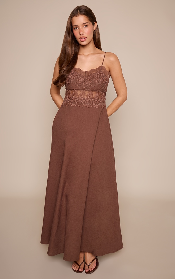 Chocolate Broderie Trim Strappy Sleeveless Maxi Dress