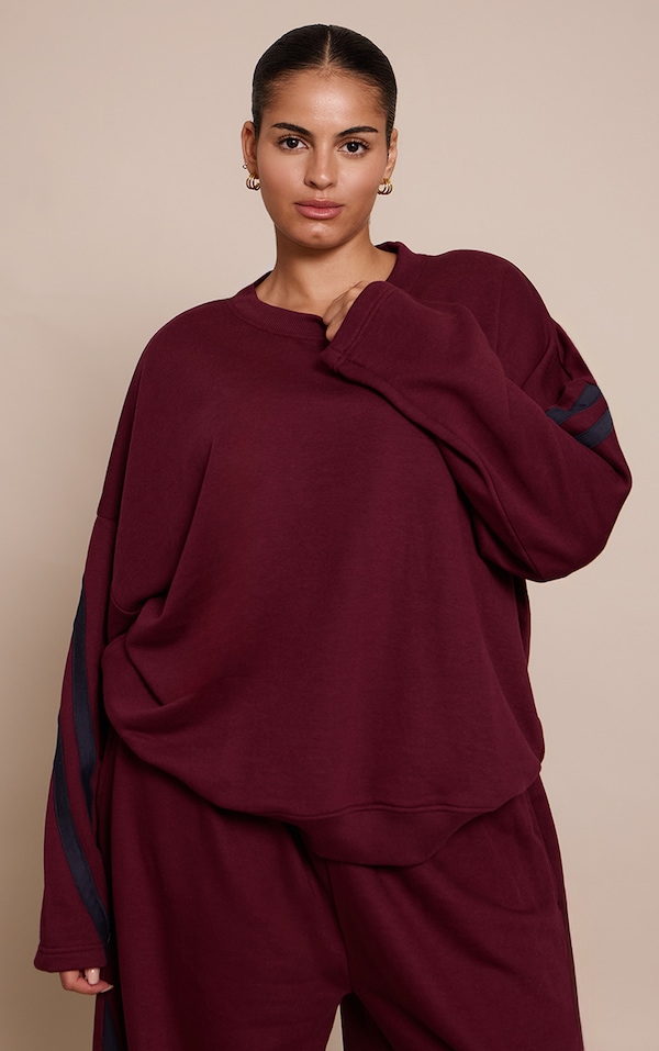 Plus Burgundy Contrast Striped Oversized Sweatshirt