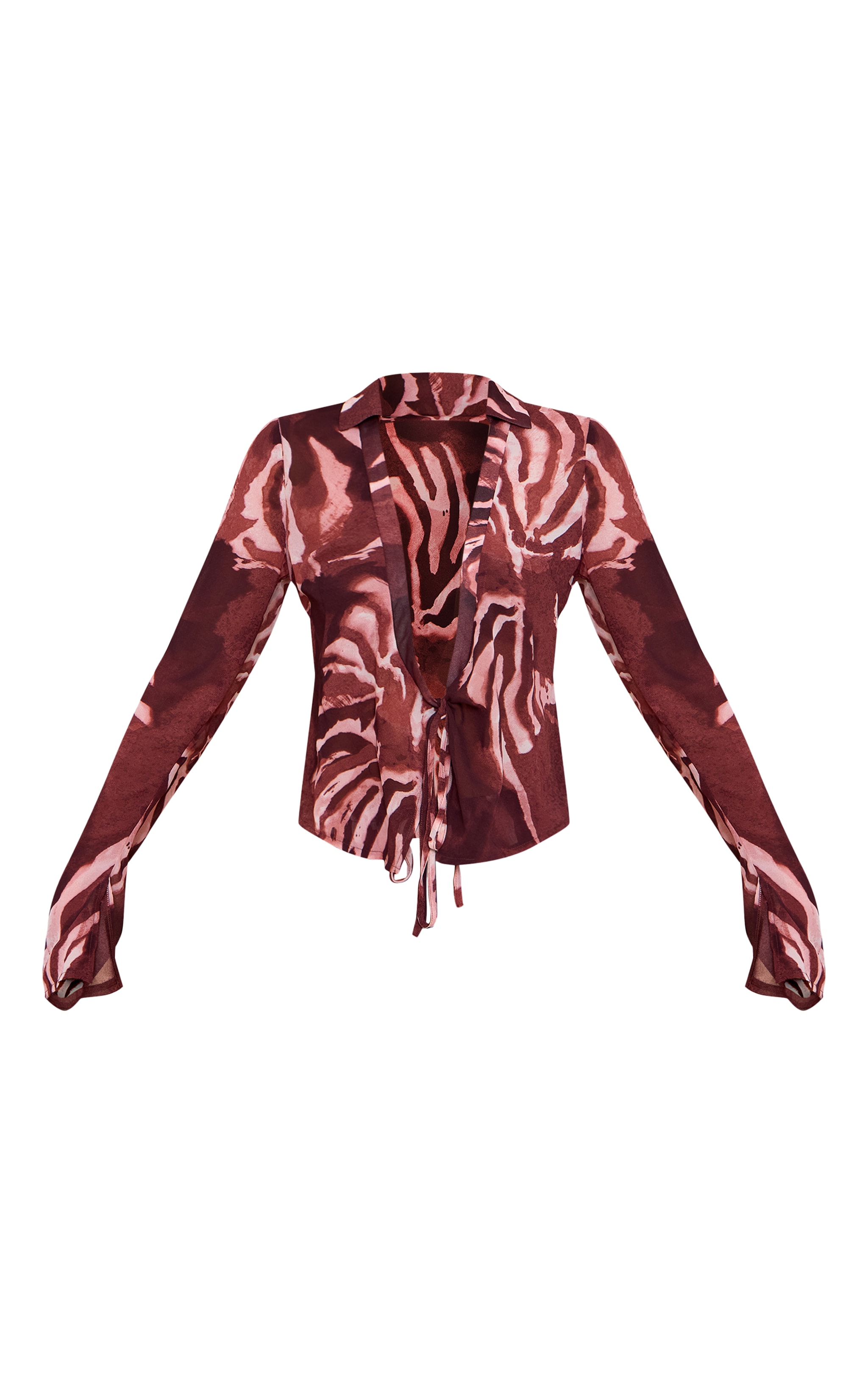 Brown Chiffon Abstract Print Long Sleeve Tie Front Shirt image 5