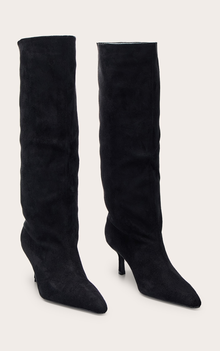 Black Faux Suede Snipped Toe Low Heel Knee Boots image 4