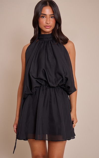 Petite Black High Neck Ruffle Scarf Dress