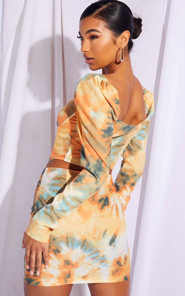 Orange Tie Dye Print Puff Long Sleeve Bust Cup Corset image 2