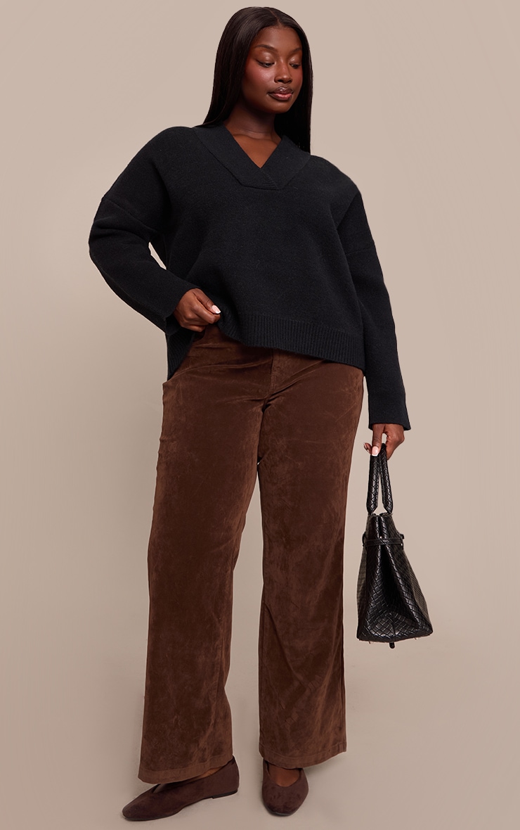 Plus Black Contrast Collar Deep V Neck Slouchy Sweater image 3