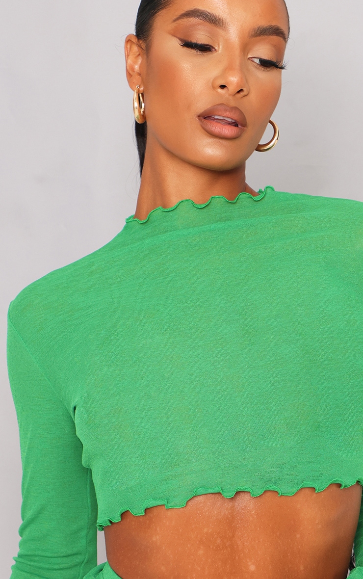 Bright Green Burnout Mesh Frill Edge Long Sleeve Top image 4
